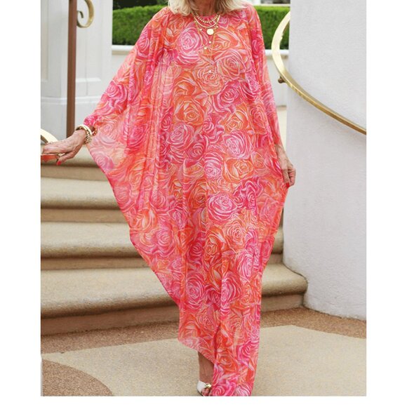 Ala Von Auersperg Dresses & Skirts - AvA Ala Von Auersperg  Kaftan Moraine Crimson Glory rose print sheer poncho